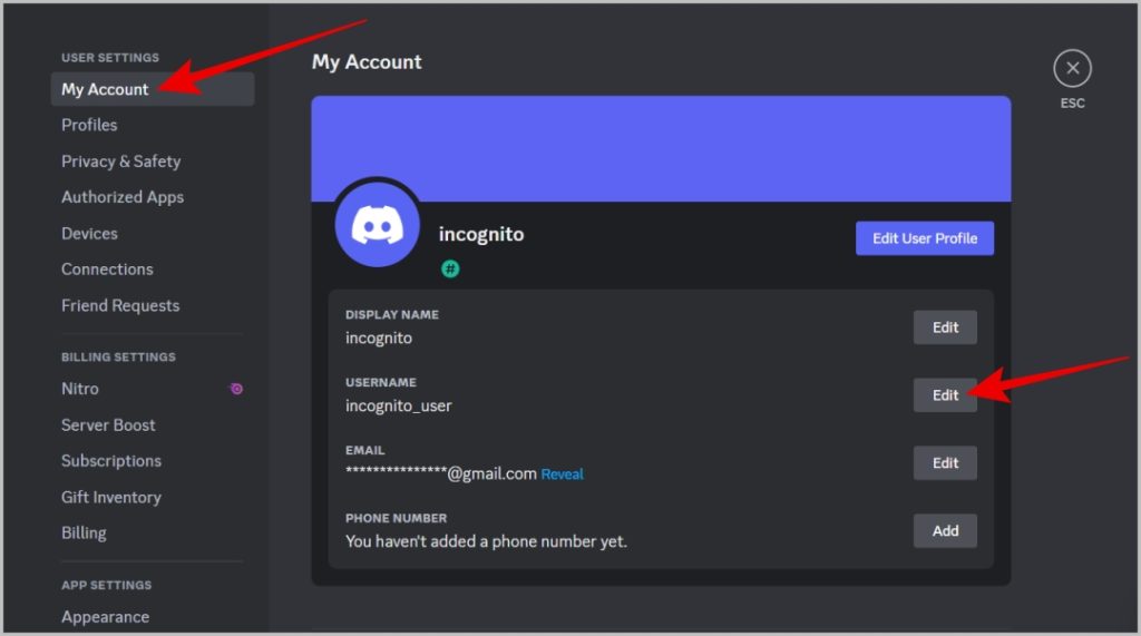 редактирование имени пользователя в Discord