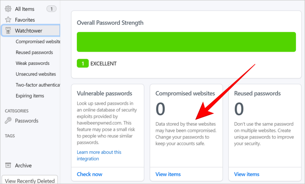 Скомпрометированные пароли в 1password