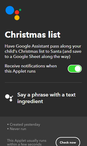 Апплеты IFTTT для Google Home — рождественский список