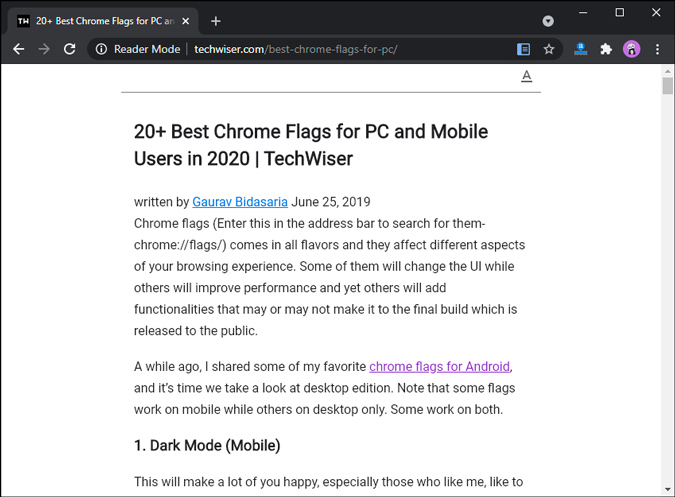 режим чтения на рабочем столе Chrome