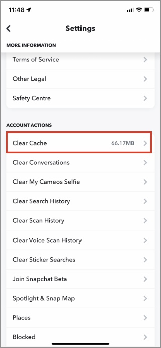 очистить кэш Snapchat на iPhone