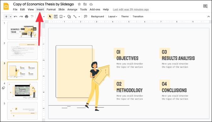 выберите меню вставки в слайдах Google