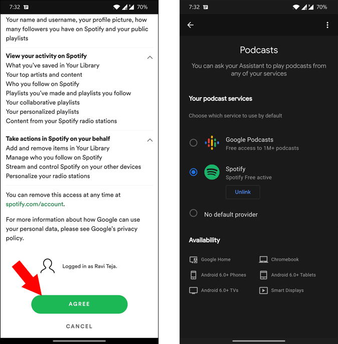 Включение Spotify в качестве службы подкастов по умолчанию в Google Assistant