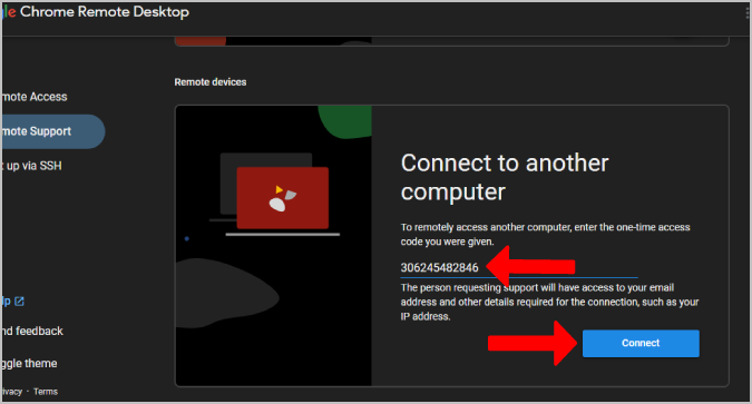 Ввод кода для подключения с помощью Chrome Remote Desktop