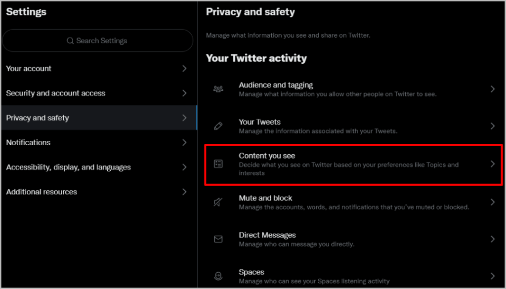 Опция «Контент, который вы видите» в настройках Твиттера