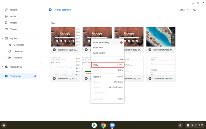копировать файлы в zip-папке на Chromebook