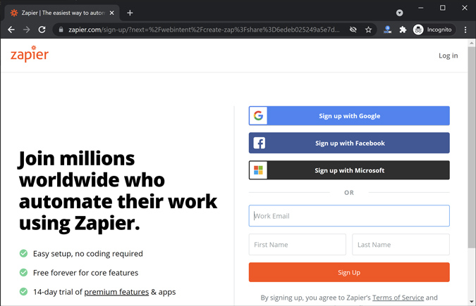 зарегистрируйтесь в Zapier, используя идентификатор Google