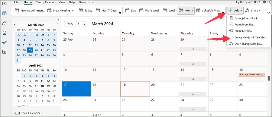 Добавить новый календарь в Outlook Classic