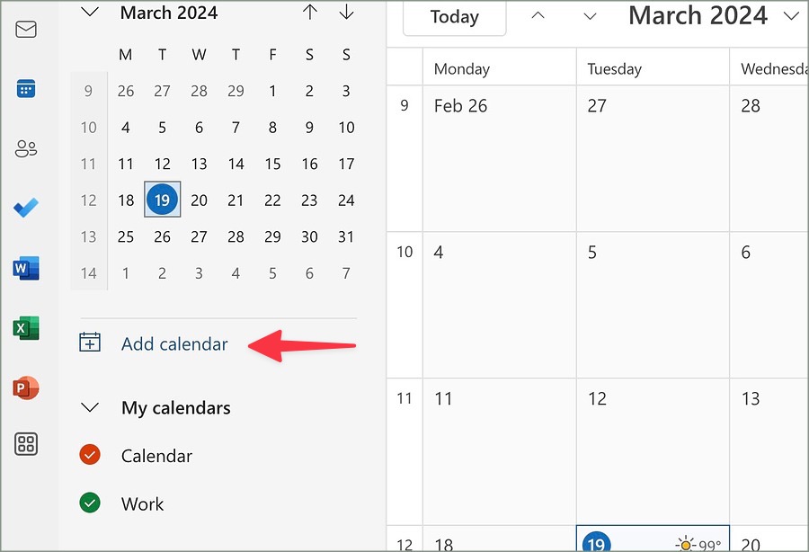 Добавить календарь в представлении календаря Outlook