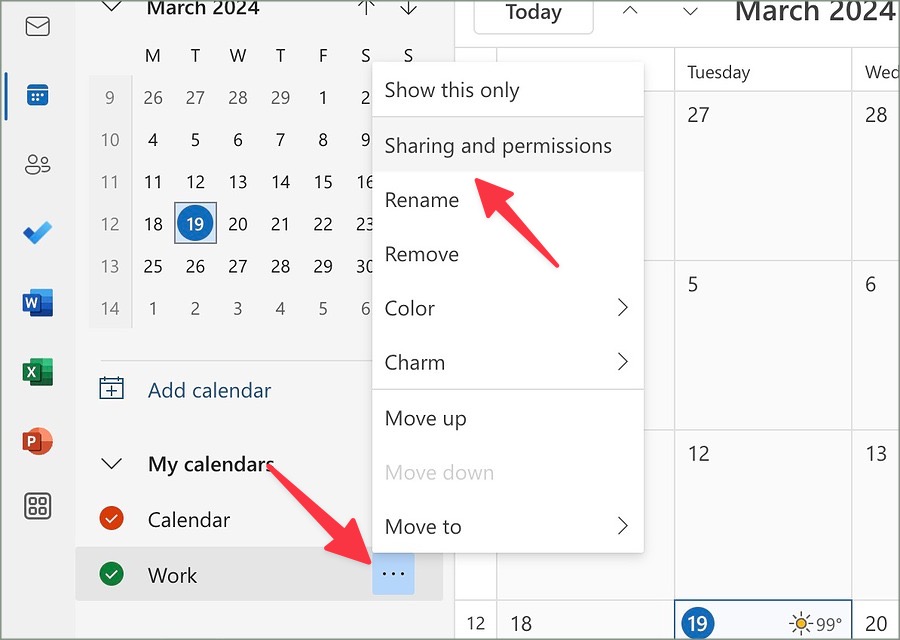 Изменение общего доступа и разрешений для нового календаря в Outlook
