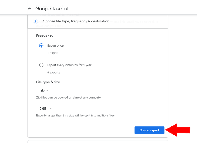 Создание экспорта в Google Takeout