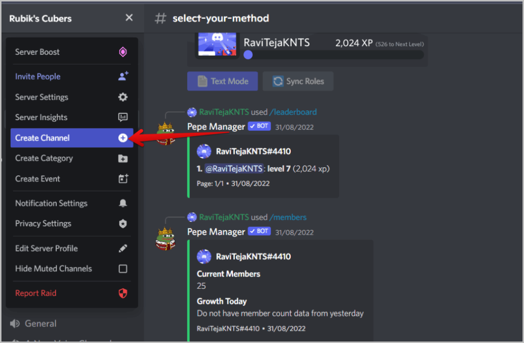 Создание нового канала в Discord