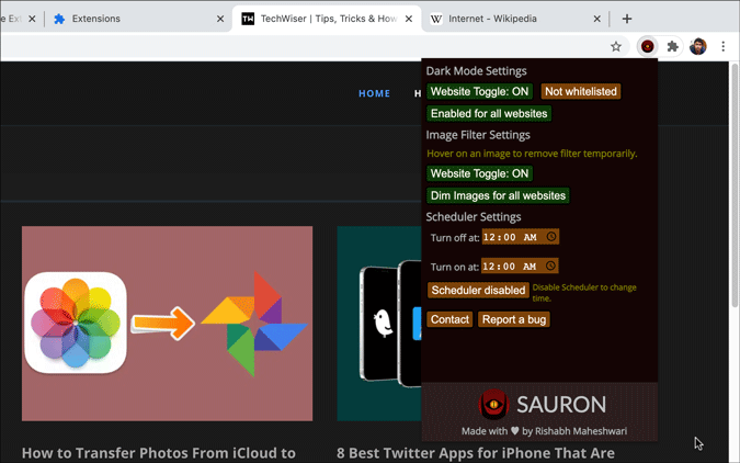 Панель настроек расширения Sauron Chrome