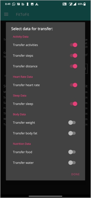 Выбор данных о фитнесе, которые вы хотите перенести между Fitbit и Google Fit.