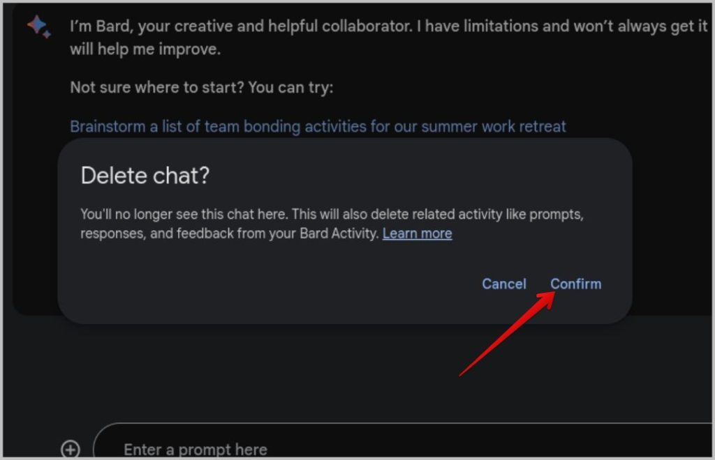Подтверждение удаления чата в Google Bard