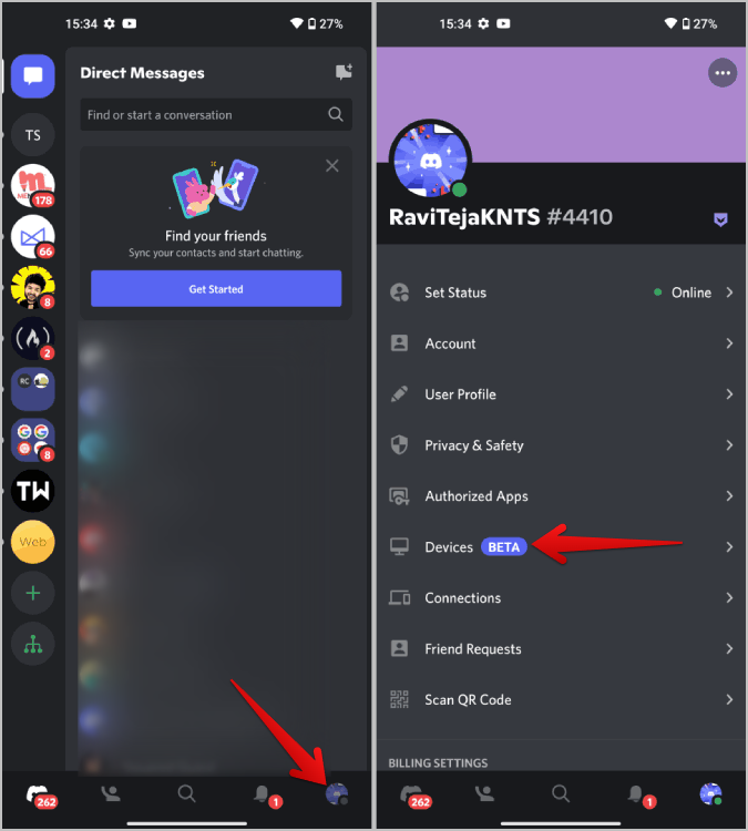 Опция «Устройства» на Discord Mobile