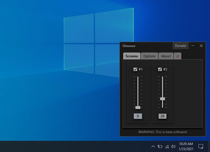 Управление приложением Dimmer в Windows 10