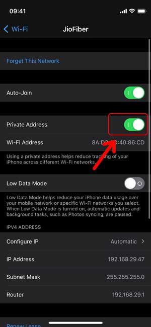 отключить частный адрес в настройках iPhone Wi-Fi