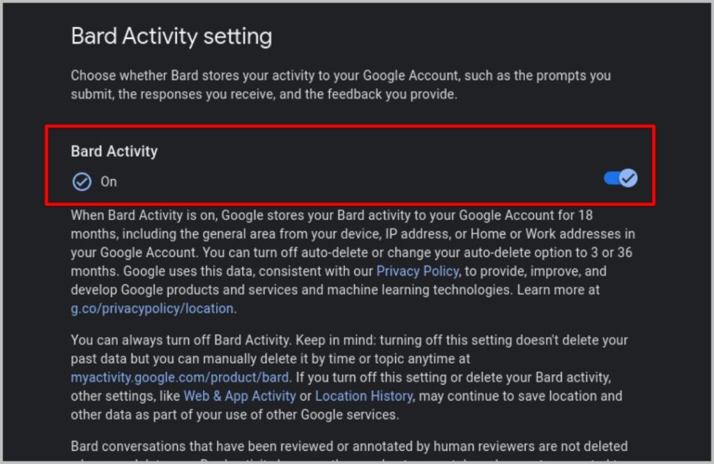 Отключение Bard Activity в Google Bard