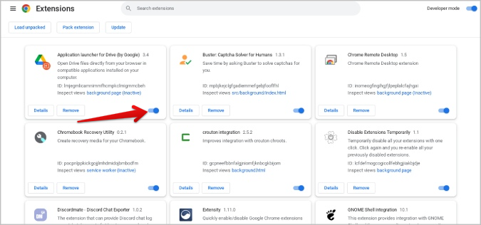 Отключение расширения на странице расширений в браузере Chrome