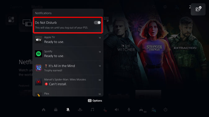 включить режим «Не беспокоить» на панели уведомлений PS5