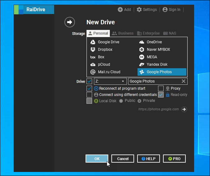 подключить Google Photos к RAIDRIVE в Windows 10