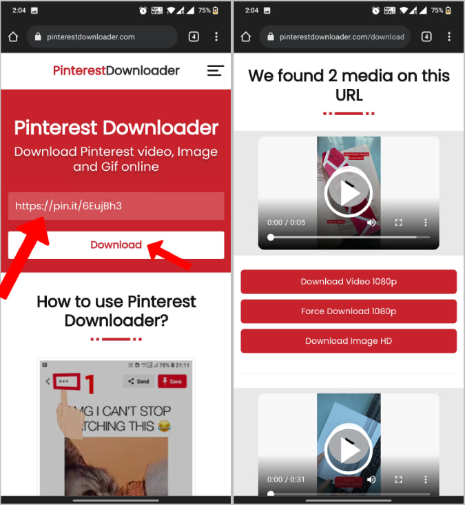 Загрузка видео Pinterest с помощью веб-сайта Pinterest Downloader