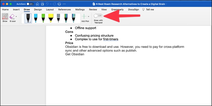 используйте опцию рисования с помощью трекпада в документе Microsoft Word