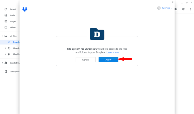 Разрешение Dropbox доступа к системным файлам на Chromebook