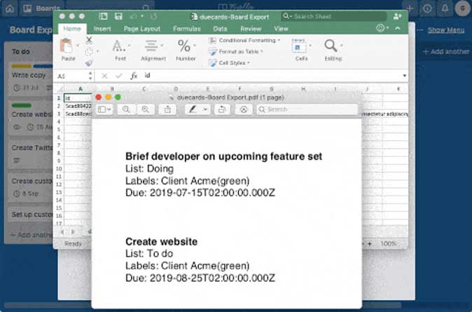 Мощность Due Next для Trello для извлечения данных в лист Excel