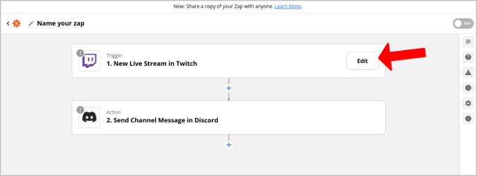 Редактирование параметра Twitch Stream в Zapier