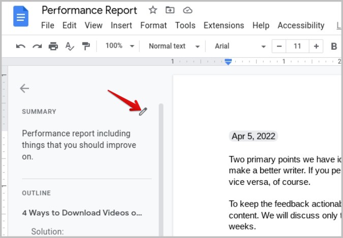 сводка редактирования в Google Docs