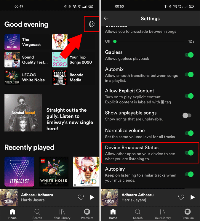 Статус трансляции устройства в Spotify