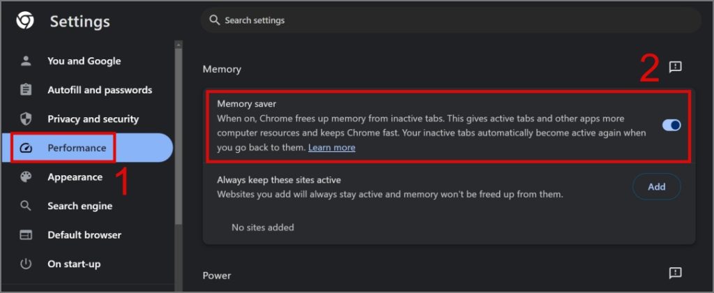 включить функцию экономии памяти в Chrome