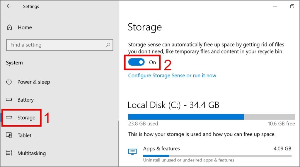 включить функцию Storage Sense в Windows 10