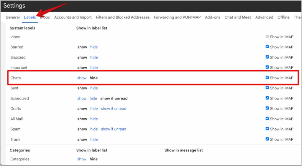 Показывать в IMAP для чатов в Gmail