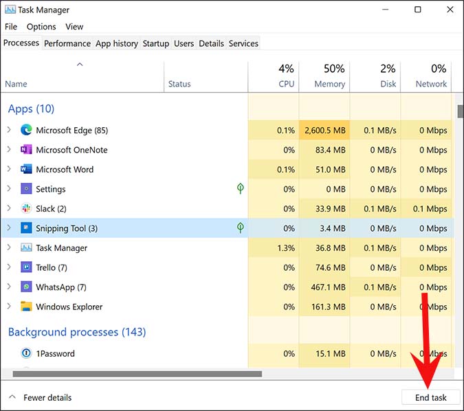 Завершить задачу инструмента для обрезки в диспетчере задач Windows