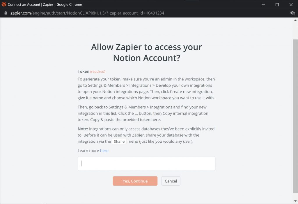 zapier запрашивает токен интеграции понятия