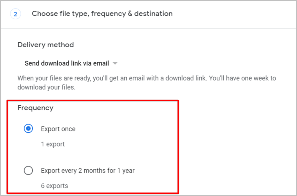 Частота экспорта в Google Takeout