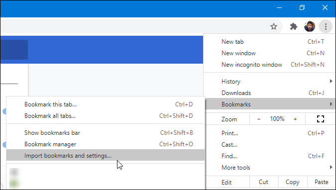 опция импорта закладок и настроек в Chrome