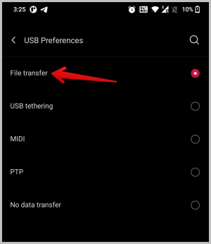 Использование параметра «Передача файлов» для настроек USB на Android