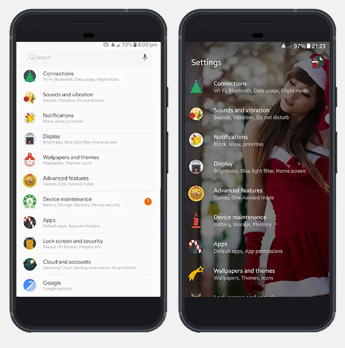 Рождественская тема Substratum с девушкой в ​​качестве обоев на странице настроек. Пользовательские иконки на рождественскую тематику.