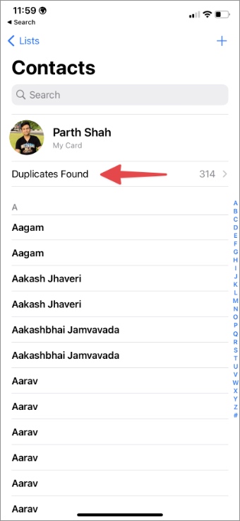 найти дубликаты в приложении контактов на iPhone