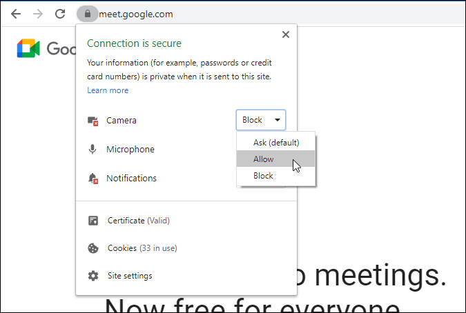 разрешить камеру для Google Meet в Chrome