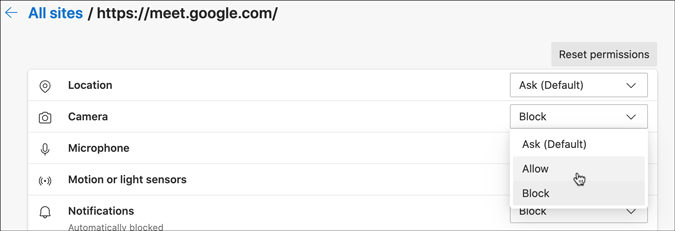 разрешить конкретному сайту использовать камеру в Microsoft Edge
