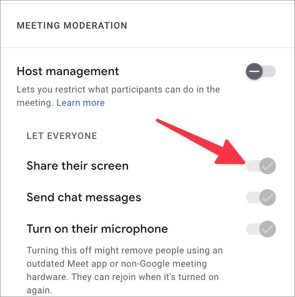 разрешить пользователям Google Meet делиться экраном
