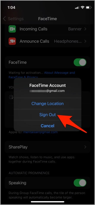 выйдите и войдите в Facetime на iPhone