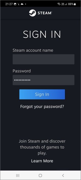 Экран входа в мобильное приложение Steam на Android
