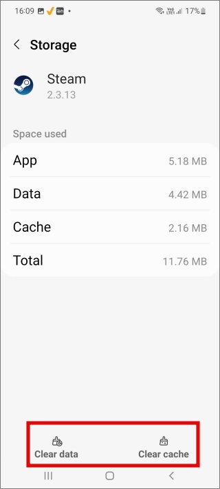 очистить кэш и данные приложения Steam на Android