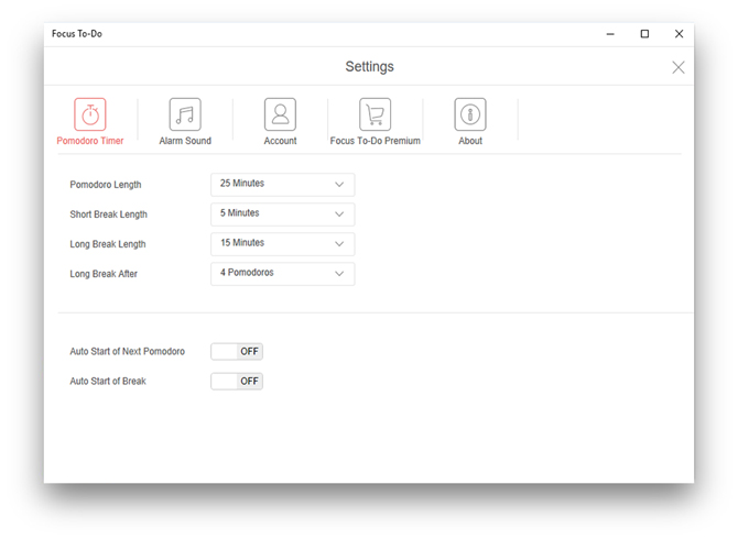 Приложение focus ToDo, показывающее страницу настроек, где вы можете изменить сеансы Pomodoro.